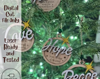May include: Wooden Christmas ornaments with the words "Jesus", "Love", "Hope", and "Peace" in a cursive font. Each ornament has a star and is hanging on a Christmas tree. The image also contains the text "Digital Cut File Only", "Laser Ready and Tested", and "Digital Instant Download".