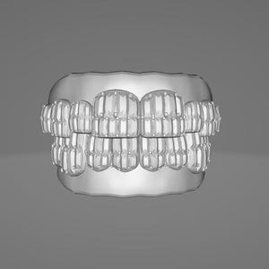 May include: A 3D rendering of a set of teeth, showcasing a full upper and lower set. The teeth are a light, translucent color, with a detailed, realistic design. The background is a solid gray.