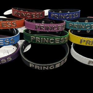 May include: A collection of ten leather collars in various colors, each with the word "Princess" embossed in silver metal letters.