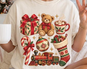 Comfort Colors® Vintage Christmas Teddy Bear Shirt, Retro Holiday Train Tee, Cozy Christmas Gift, Candy Cane Stocking Ornament Xmas Shirt