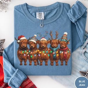 Comfort Colors® Christmas Highland Cow Shirt, Christmas Lights Cow Shirt, Cute Holiday Cow Shirt, Christmas Farm Shirt, Christmas Cow Shirt
