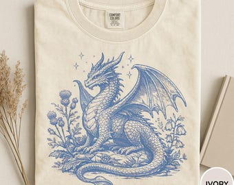 Comfort Colors® Vintage Dragon Shirt, Dragon Lover Shirt, Wildflower Dragon Shirt, Fantasy Reader Shirt, Cute Dragon Shirt Dragon Lover Gift