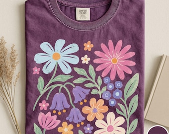 Comfort Colors® Retro Floral Shirt, Vintage Folk Art Flower Tee, Boho Floral Graphic Tee, Cute Wildflowers Shirt, Cottagecore Wildflowers