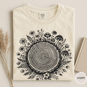 Comfort Colors® Linocut Tree Ring Shirt, Woodcut Nature Tee, Woodland Botanical Mushroom Graphic, Rustic Forest Art Tee, Tree Ring Nature