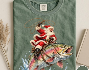 Comfort Colors® Santa Fishing Shirt, Christmas Trout Shirt, Funny Fisherman Trout Tee, Fishing Lover Gift, Outdoorsman Holiday Shirt, Trout
