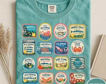 Comfort Colors® Tinned Seafood Shirt, Retro Coastal Graphic Tee, Vintage Sardine Shirt, Oyster Mussels Octopus Shirt, Seafood Lover Gift