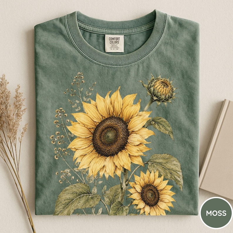 May include: A moss green t-shirt featuring a detailed illustration of sunflowers. The design includes a large, fully bloomed sunflower, a smaller one, and a sunflower bud, all with yellow petals and brown centers. The shirt has a classic crew neck.