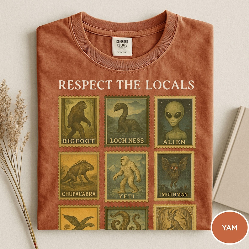 Comfort Colors® Cryptid Shirt, Bigfoot Lockness Monster Shirt, Cryptid Lovers Gift, Bigfoot Respect the Locals Cryptid Stamp Shirt, Alien Yam