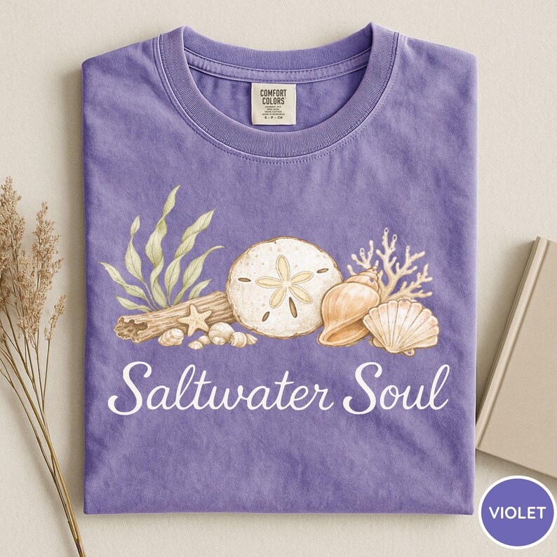 Comfort Colors® Saltwater Soul Shirt, Seashells Shirt, Beach Summer Shirt, Trendy Beach Shirt, Ocean Lover Shirt, Seashell Lover Tee, Beach Violet