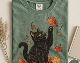Comfort Colors® Black Cat Fall Shirt, Autumn Leaves Cat Tee, Cute Fall Cat Shirt, Black Cat Lover Tee, Vintage Halloween Cat Shirt, Fall Tee