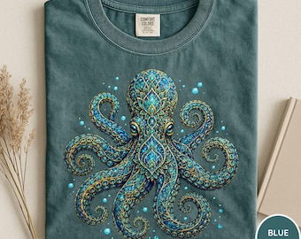 Comfort Colors® Blue Mosaic Octopus Shirt, Octopus Lover Gift, Ocean Wildlife Tee, Sealife Shirt, Sea Animals Shirt, Octopus Clothing, Beach