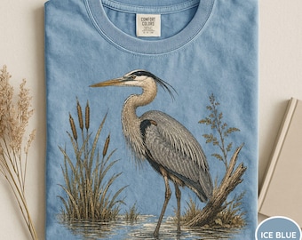 Comfort Colors® Vintage Great Blue Heron Shirt, Naturalist Bird Illustration Tee, Retro Wildlife Bird Nature Tee, Wildlife Graphic Tee, Bird