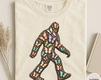 Comfort Colors® Butterfly Bigfoot Shirt, Floral Sasquatch Tee, Cryptid Lover Gift, BigFoot Lover Tee, Butterfly Lover Tee, Nature Lover Gift