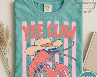 Maglietta Comfort Colors® Lobster Cowboy, maglietta Yee Claw, maglietta divertente da spiaggia western, maglietta grafica da cowgirl costiera, maglietta alla moda con aragosta, spiaggia