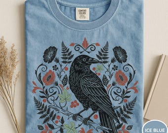 Comfort Colors® Botanical Crow Shirt, Gothic Nature Tee, Raven Floral Shirt, Cottagecore Bird Graphic Tee, Dark Academia Shirt, Crow Lover