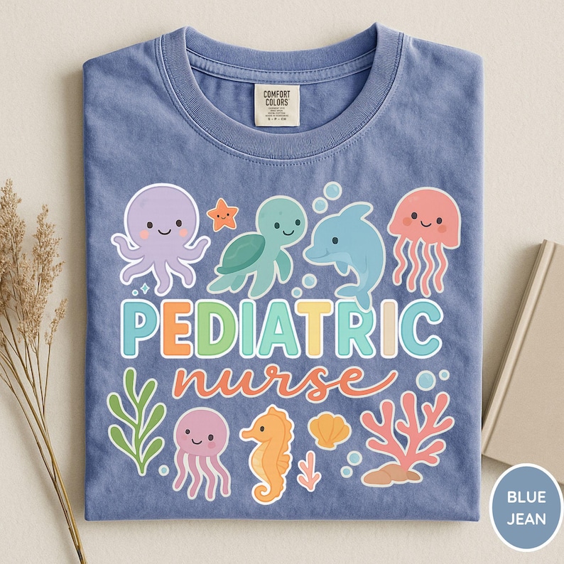 Comfort Colors® Pediatric Nurse Shirt, Peds Nurse Shirt, Pediatric Sea Animal Shirt, PICU Pediatric Nurse Shirt, Pediatrician Shirt, Peds Blue Jean