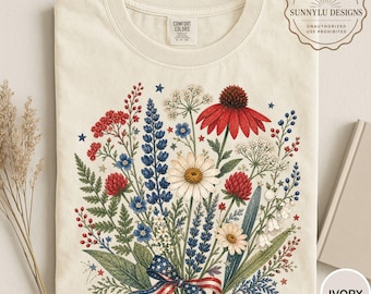 Chemise florale 4 juillet Comfort Colors®, chemise florale patriotique, t-shirt fleurs sauvages 4 juillet, chemise botanique vintage rouge blanc bleu, États-Unis