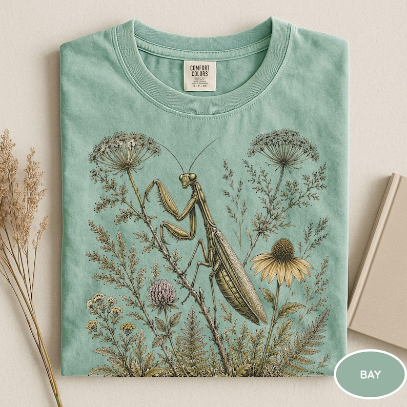 May include: A light green t-shirt featuring a detailed illustration of a praying mantis amidst wildflowers and foliage. The design includes a yellow coneflower, a pink clover, and various botanical elements. The shirt has a crew neck and a tag that says "Comfort Colors".