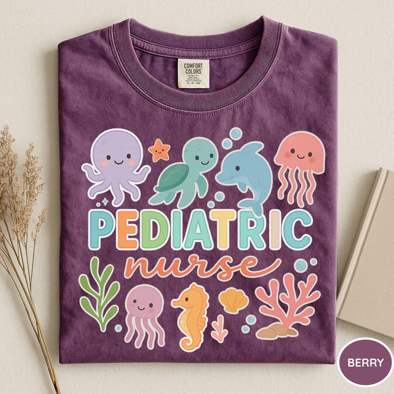 Comfort Colors® Pediatric Nurse Shirt, Peds Nurse Shirt, Pediatric Sea Animal Shirt, PICU Pediatric Nurse Shirt, Pediatrician Shirt, Peds Berry