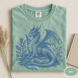 Peut inclure: T-shirt vert clair avec un motif de dragon bleu. Le dragon ail&eacute; est entour&eacute; de fleurs et d'&eacute;toiles. Le t-shirt a un col rond et une &eacute;tiquette "Comfort Colors".