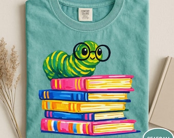 Comfort Colors® Bookworm Shirt, Cute Reading Worm Tee, Retro Bookworm Shirt, Book Lover Shirt, Book Lover Gift, Librarian Shirt, Bookish Tee