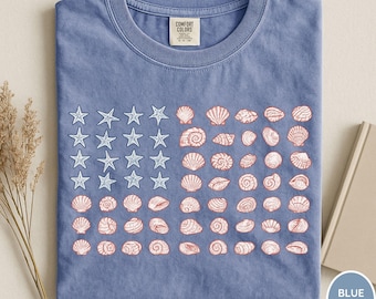 Comfort Colors® Seashell USA Flag Shirt, Patriotic Shirt, Coastal Shirt, Seashell Lover Shirt, America Beach Shirt, Salty Granola Girl, USA
