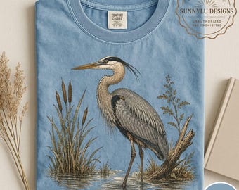 Comfort Colors® Vintage Great Blue Heron Shirt, Naturalist Bird Illustration Tee, Retro Wildlife Bird Nature Tee, Wildlife Graphic Tee, Bird