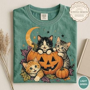 Camiseta Comfort Colors® de gato adorable para Halloween, camiseta de gatito calabaza, camiseta vintage de gato negro Jack O' Lantern, camiseta para amantes de los gatos de otoño, temporada espeluznante