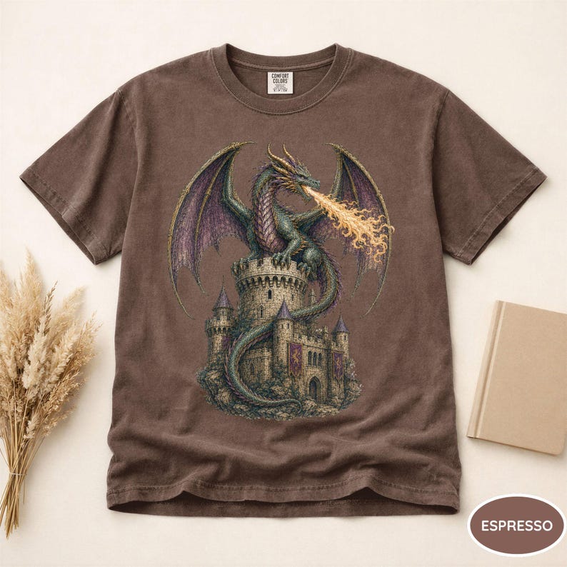 Comfort Colors® Dragon Fantasy Shirt, Retro 90s Mythical Graphic Tee, Vintage Draogon Shirt, Trendy Dragon Shirt, Fantasy Reader Shirt Espresso