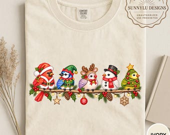 Comfort Colors® Christmas Birds Shirt, Cute Holiday Bird Shirt, Bird Lover Gift, Woodland Christmas Shirt, Winter Birds Shirt, Bird Lover