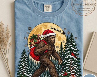 Comfort Colors® Bigfoot Christmas Shirt, Sasquatch Christmas Shirt, Winter Forest Cryptid Tee, Vintage Cryptid Christmas Bigfoot Shirt, Xmas