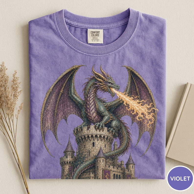 Comfort Colors® Dragon Fantasy Shirt, Retro 90s Mythical Graphic Tee, Vintage Draogon Shirt, Trendy Dragon Shirt, Fantasy Reader Shirt Violet