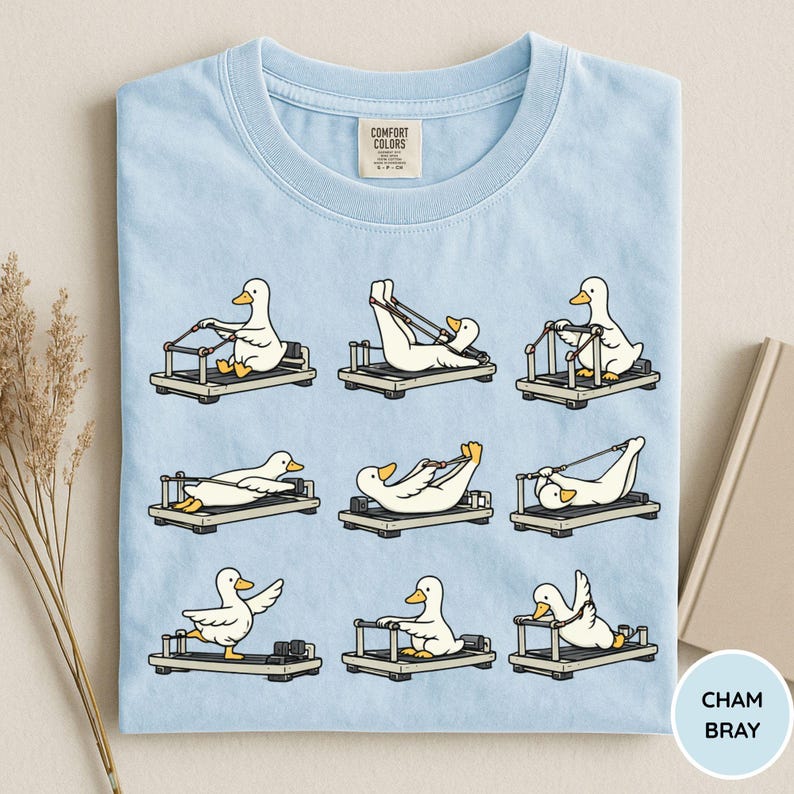 K&ouml;nnte beinhalten: Hellblaues T-Shirt mit einem sich wiederholenden Muster von Cartoon-Enten, die Pilates-Reformer benutzen. Die Enten befinden sich in verschiedenen &Uuml;bungspositionen. Der Text "CHAM BRAY" befindet sich in einem Kreis unten rechts. Das T-Shirt hat ein Comfort Colors-Etikett.