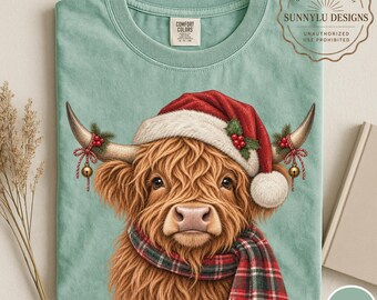 Comfort Colors® Christmas Highland Cow Shirt, Vintage Highland Cow Christmas Tee, Scottish Cow Holiday Shirt, Farm Christmas Tee, Cute Cow