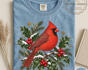 Comfort Colors® Cardinal Christmas Shirt, Cardinal Lover Shirt, Winter Botanical Shirt, Holly Berry Graphic Tee, Nature Lover Holiday Shirt