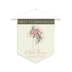 Personalized First Communion Banner, Custom Name & Date 1st Holy Communion Pennant Banner with Floral Cross
