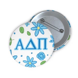 Greek Sorority Pin Buttons, Sorority Symbol Button, Alpha Delta Pi ADPi Blue Floral Design, ADPi Game Day Apparel, Alpha Delta Pi Rush Gifts