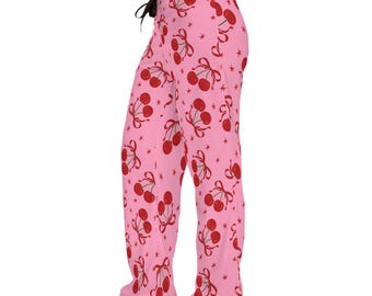 Urocze spodnie piżamowe z nadrukiem wiśni, wygodna odzież do spania, damskie spodnie wypoczynkowe, prezent dla niej, urodzinowy komplet piżamowy, relaksująca odzież do spania