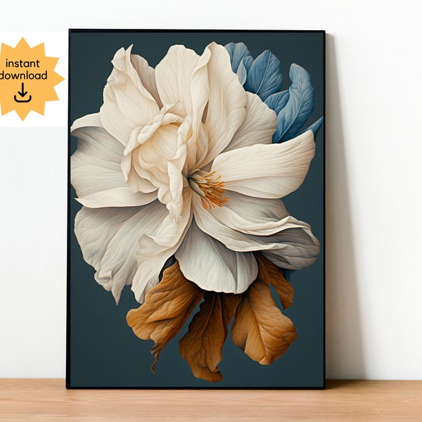 Digital Art Work: Large Wall Art of Realistic Blue & White Petal Flower - Contemporary Art for Instant Download, Botanical Flower Poster
