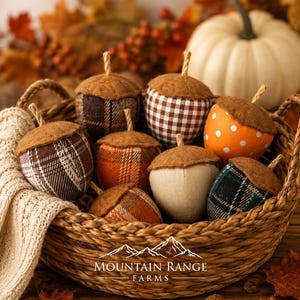 May include: A woven basket filled with fabric acorns featuring various patterns including plaid, gingham, and polka dots, each topped with a brown felt cap. The basket includes a white knit fabric draped over the side and a Mountain Range Farms logo.