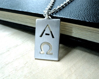 Alpha Omega necklace. Mens silver cross necklace. Religious symbol pendent silver jewellery. Unique handmade gift for him