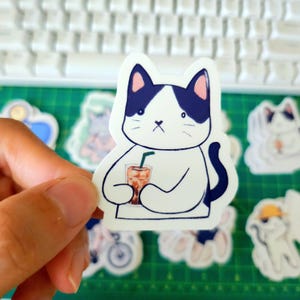 Iced Latte Cat - Sticker smoking chat café - artiste fait main papeterie