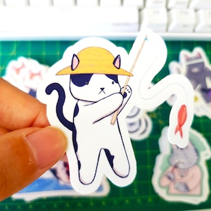 Chat pêcheur - Chat smoking - Sticker pêche chapeau de paille - Papeterie artiste fait main
