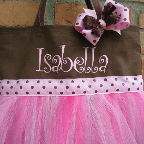 Personalized Dance Bag - Brown and Pink Embroidered Tote with Adorable Matching Hair Bow