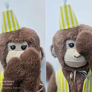 May include: A brown plush monkey toy wearing a yellow and white striped party hat and vest. The monkey has embroidered eyes and a light-coloured face. Text on the image reads: Sewing Pattern & Tutorial MonKey Punch.