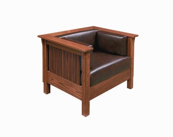 Mission Arts & Crafts Stickley style Spindle Espresso Brown Leather Club Cube Chair