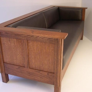 Mission Arts & Crafts Stickley Style Prairie Panel Espresso Brown Leather Settle Sofa