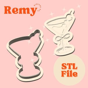 May include: Two 3D printed cookie cutters, one shaped like a martini glass and the other shaped like a cocktail glass. The cutters are white and are on a pink background. The text "STL File" is on a cream-colored circle.