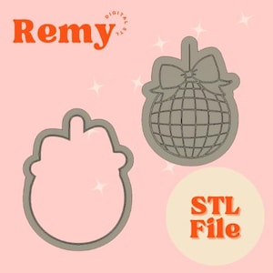 May include: A digital download STL file for a 3D printed cookie cutter in the shape of a disco ball bauble with a bow. The file is for personal use only.