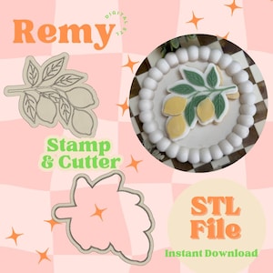 Puede incluir: Imagen de un cortador de galletas y un juego de sellos con temática de limón. El diseño incluye una rama de limón con hojas y limones. También se ve el texto "Remy", "Stamp & Cutter" y "STL File Instant Download".